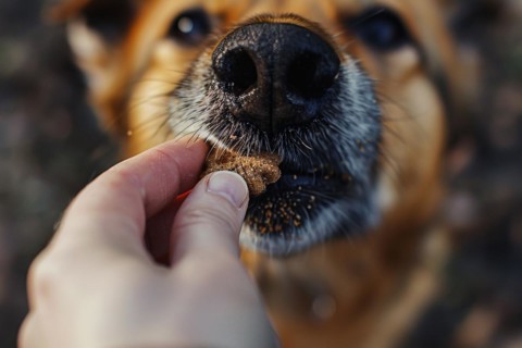 Close up of human giving dog treat to dog. KI generiert, generiert, AI generated