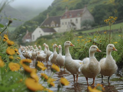 A row of geese in a flowering field with a foggy village in the background, AI generated, AI