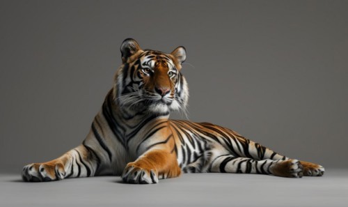 A Bengal tiger elegantly posing in front of a neutral backdrop AI generated
