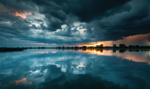 A dramatic stormy sky looming over the horizon, with dark clouds and flashes of lightning reflected