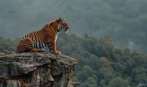 A Malayan tiger perched on a rocky ledge AI generated