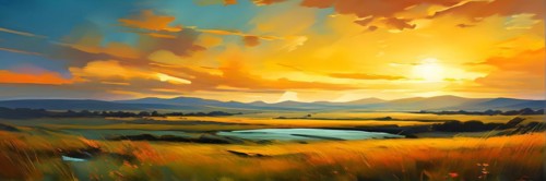 AI generated abstract painting of grasslands under a blazing sunset waves of greens