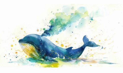 A watercolor illustration of a playful whale spraying water from its blowhole AI generated