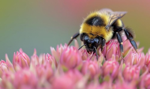 Bumblebee collecting pollen from flowers, closeup view, selective focus AI generated