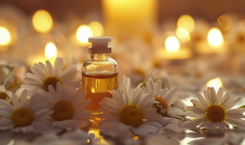 Chamomile essential oil in a dropper bottle, closeup view, skin care cosmetic background AI