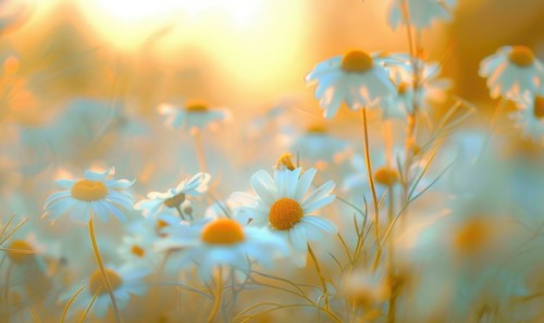Close-up of chamomile flowers, selective focus AI generated