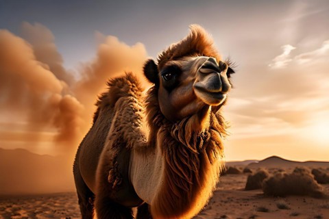 Bactrian camel with thick fur standing resilient against gobi deserts extreme temperature, AI
