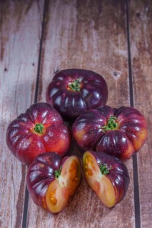 Group of tasty fresh tomatoes of the blue variety with a halved tomato dipped in water drops on a