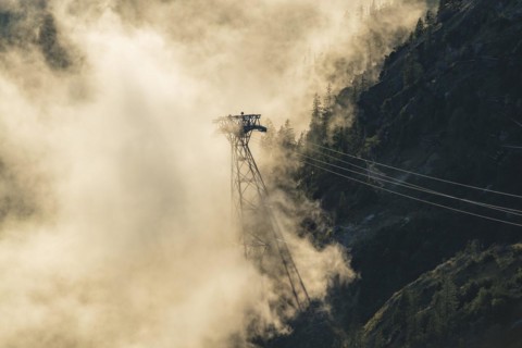 Metal mast of the Nebelhorn cable car near Oberstdorf, Allgaeu Alps, Allgaeu, Bavaria, Germany,