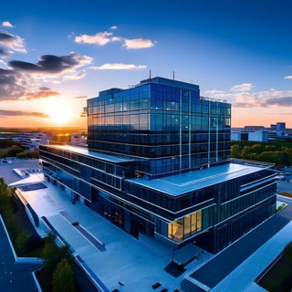Modern hospital at dawn glass surfaces mirroring early morning sky, AI generated, modern,