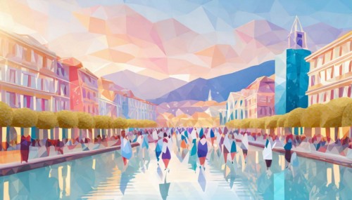 Painting of busy town square with people and water reflections, surrounded by mountains, low poly