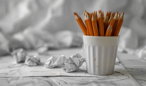 Graphite pencils arranged in a cup on a desk, surrounded by crumpled sheets of discarded white