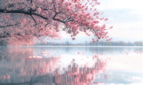 Springtime cherry blossoms in full bloom, cherry blossoms reflected on the calm surface of the lake