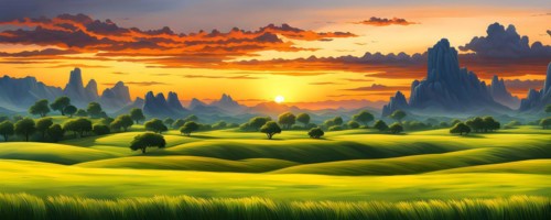 AI generated abstract painting of grasslands under a blazing sunset waves of greens