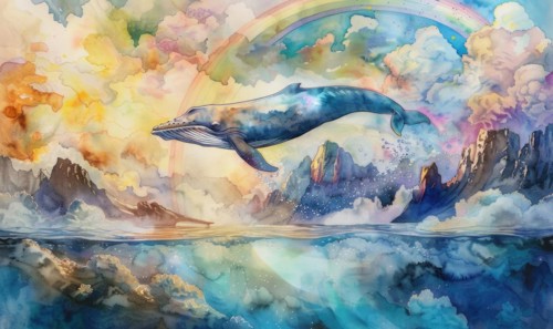 A watercolor artwork portraying a surreal scene of a whale leaping over a rainbow in a dreamlike