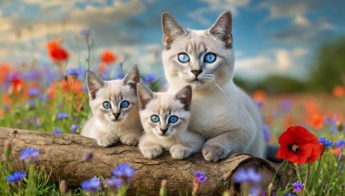 KI generated, animal, animals, mammal, mammals, cat, felidae (Felis catus), a cat and two kittens
