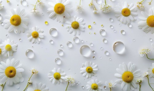 Chamomile essential oil droplets on chamomile flowers, nature beauty background AI generated