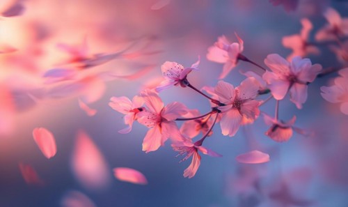 Cherry blossom petals in the breeze, floral background, soft focus, blurred background AI generated