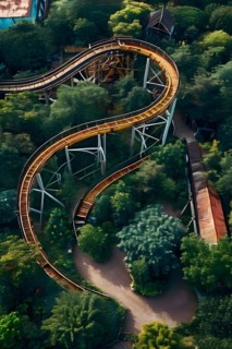 Aerial view of a bandoned amusement park overgrown with vegetation and rusting roller coasters, AI