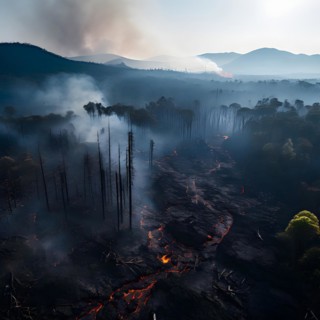 Charred tree skeletons in a smoke filled landscape remnants of a forest fire ignited by lava flow,