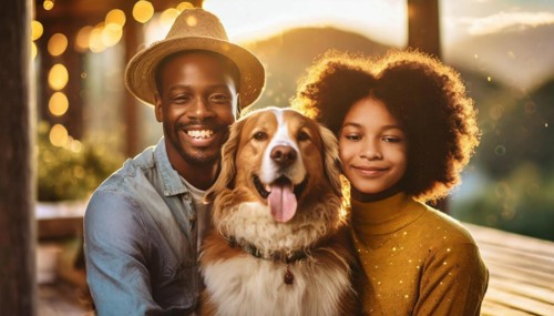 A man and a little girl are posing with a dog. The dog is wagging its tail and the girl is smiling.
