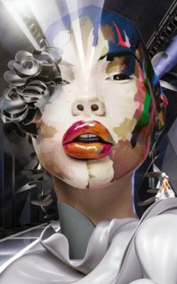 Abstract portrait of a female face with colorful geometric patterns and metallic texture, Vertical