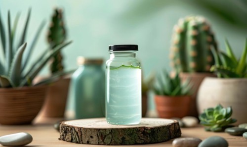 A blank jar mockup of aloe vera gel product placed atop a wooden produce podium AI generated