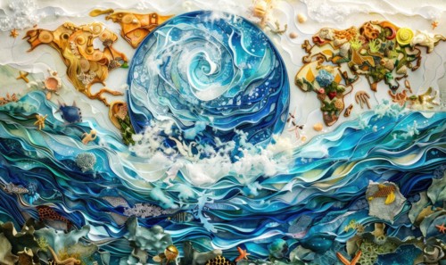 Earth globe in ocean waves, ecology and environment AI generated