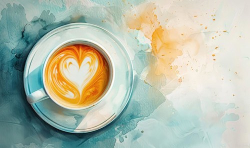 Soft watercolor artwork of a coffee cup and saucer with a heart-shaped latte art AI generated