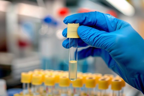 Scientist's hand holding test tube with liquid in research lab. KI generiert, generiert, AI