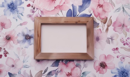A gold frame with pink flowers on the wall. Abstract background with frame and space for text AI