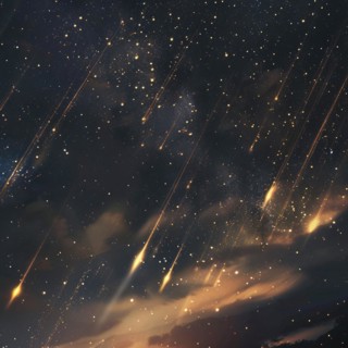 Dark night sky lit by a striking meteor shower with a golden glow AI generated