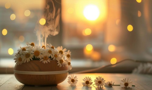 Chamomile essential oil diffuser in a cozy room, aromatherapy AI generated