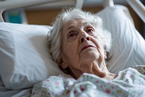 Very old woman lying in bed in hospital or retirement home. KI generiert, generiert, AI generated