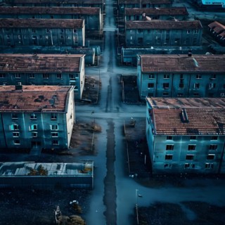 Aerial view of deserted military base featuring empty barracks and abandoned tanks in silent, AI