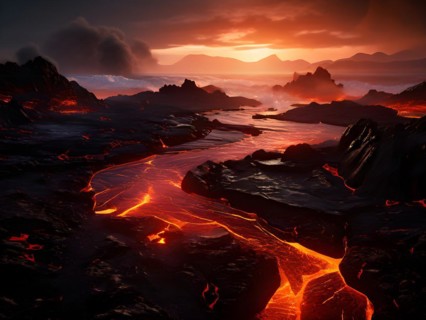 Molten lava flows reaching the sea, AI generated