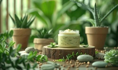 A blank jar mockup of aloe vera gel product placed atop a wooden produce podium AI generated
