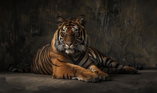 A Sumatran tiger lounging in a relaxed pose against a studio backdrop AI generated