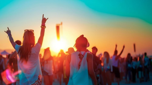 A group of people are standing on party a beach, with the sun setting in the background. Scene is