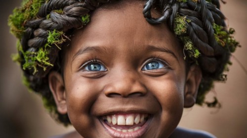 Portrait of a joyful boy with a crown of moss and curly hair, broad smile, earth day concept, AI