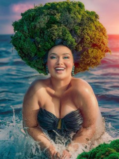 Ecstatic empowered plus size woman in black swimwear with a moss headdress in ocean splashes, earth