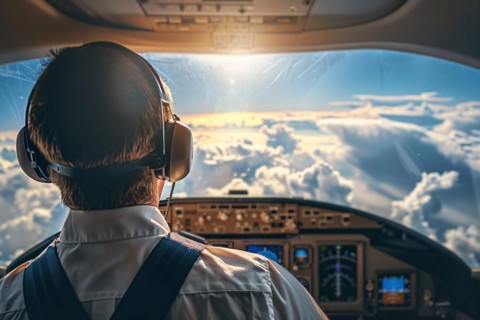 Back view of pilot in airplane cockpit. KI generiert, generiert, AI generated