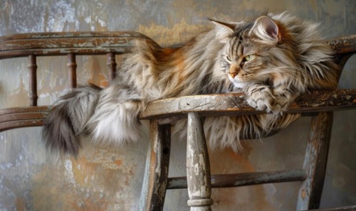 Maine Coon cat perched gracefully on a vintage wooden chair AI generated