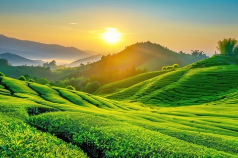 A breathtaking view of the sun rising over vibrant green tea plantations, nestled amidst rolling