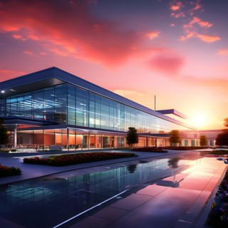 Modern hospital at dawn glass surfaces mirroring early morning sky, AI generated, modern,