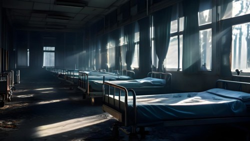 Rows of empty rusting hospital beds suspended in the melancholy, AI generated, hospital, damage,