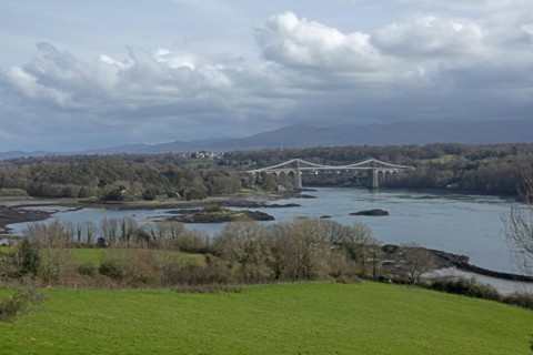 Menai Suspension Bridge, Menai Strait, LLanfair Pwllgwyngyll, Isle of Anglesey, Wales, United