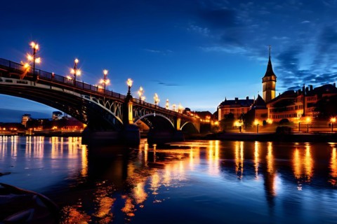 City bridges come alive under the glow of car headlights water underneath reflecting the
