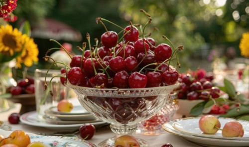 Ripe cherries arranged in a decorative centerpiece for a summer garden party AI generated