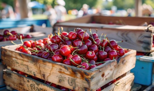 Ripe cherries displayed in a vintage fruit crate at a country fair AI generated